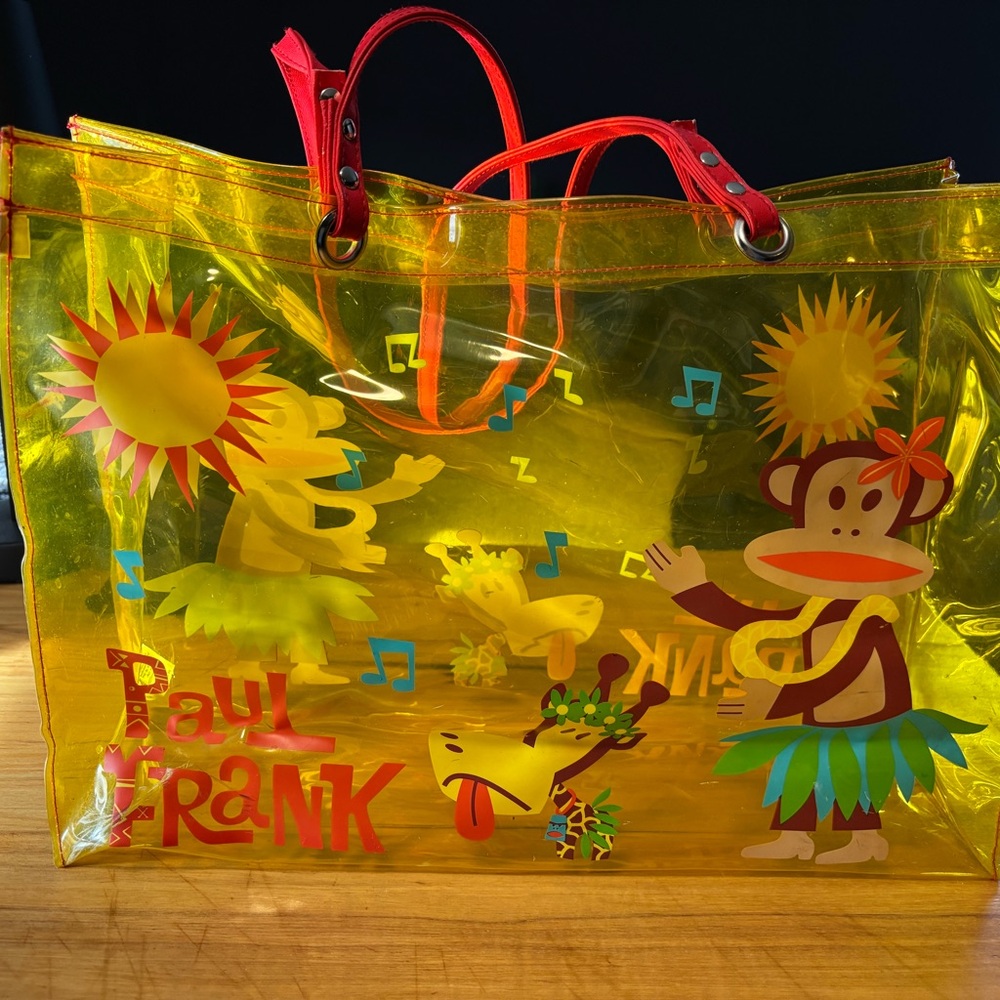 Vintage Paul Frank Yellow Clear Tote with Red Handles and Tropical Print